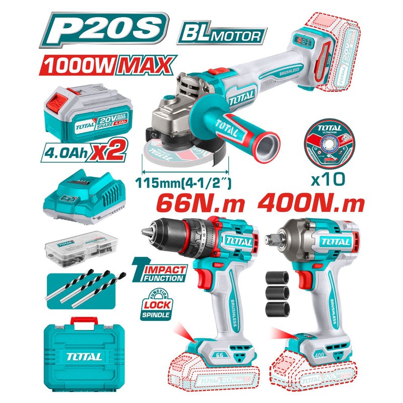 COMBO INALAMBRICO 20V TALADRO 1/2"  66NM + PULIDORA 4 1/2"  1000W + PISTOLA IMPACTO  1/2 400NM INCLUYE 2 BATERIA 20V(4.0AH),CARGADOR , 10 DISCOS DE CORTE Y ACCESORIOS INDUSTRIAL TOTAL (UTOSLI241291)