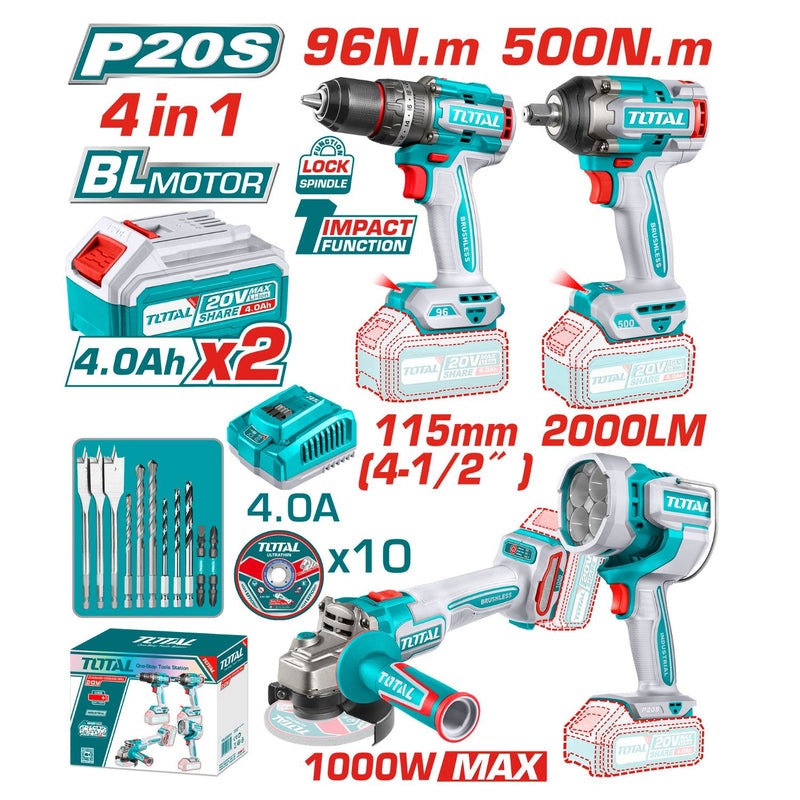 COMBO INALAMBRICO 20V TALADRO 1/2 96 N.M + PISTOLA IMPACTO 1/2 500 N.M + PULIDORA 4 1/2 1000W + LAMPARA DE TRABAJO 2000 LUMENES INCLUYE 2 BATERIAS 4.0AH , CARGADOR Y ACCESORRIOS INDUSTRIAL TOTAL (UTOSLI241292)
