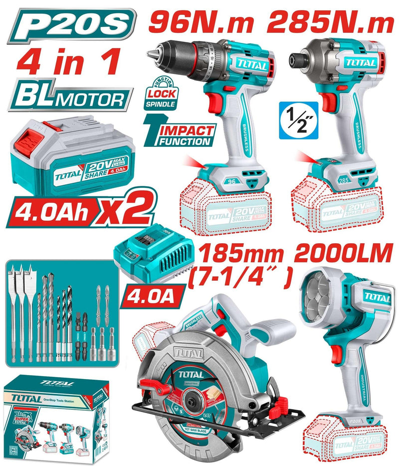 COMBO INALAMBRICO 20V TALADRO PERCUTOR 96NM + ATORNILLADOR DE IMPACTOR 1/2" 285NM + SIERRA CIRCULAR 7-1/4" + LAMPARA DE TRABAJO 2000LM + 2 BATERIAS 4.0AH + CARGADOR INCLUYE ACCESORIOS INDUSTRIAL TOTAL
