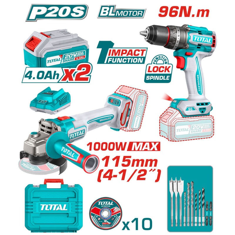 COMBO TALADRO 1/2" 96NM + PULIDORA 4 1/2" 1000W INCLUYE 2 BATERIA 20V(4.0AH),CARGADOR , 10 DISCOS DE CORTE Y ACCESORIOS INDUSTRIAL TOTAL