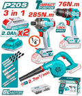 COMBO INALAMBRICO 20 V ATORNILLADOR IMPACTO 1/4" 285NM + TALADRO PERCUTOR 1/2" 76NM + SOPLADORA INCLUYE 2 BATERIAS 2.0AH, CARGADOR Y ACCESORIOS INDUSTRIAL TOTAL
