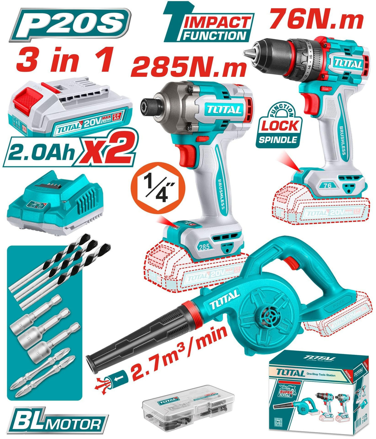 COMBO INALAMBRICO 20 V ATORNILLADOR IMPACTO 1/4" 285NM + TALADRO PERCUTOR 1/2" 76NM + SOPLADORA INCLUYE 2 BATERIAS 2.0AH, CARGADOR Y ACCESORIOS INDUSTRIAL TOTAL