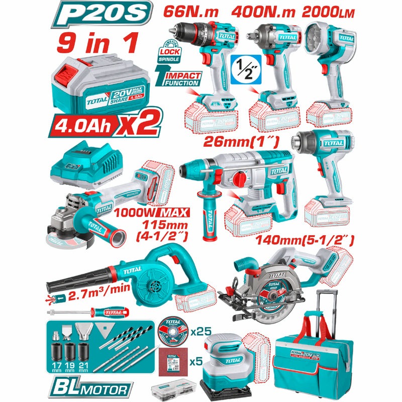 SUPER COMBO 9 EN 1 HERRAMIENTAS 20V+2 BATERIAS 4AH (UTOSLI250381)