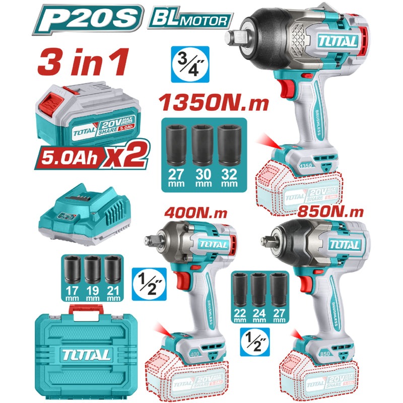 COMBO INALAMBRICO 20V PISTOLA IMPACTO 3/4 1350NM + PISTOLA IMPACTO 1/2 850NM + PISTOLA IMPACTO 1/2 400NM INCLUYE 2 BATERIAS 5.0AH + CARGADOR + ACCESORIOS INDSUTRIAL TOTA
