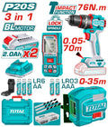 COMBO INALAMBRICO 20V NIVEL LASER 0-35M LUZ VERDE + MEDIDOR DE DISTANCIAS LASER 60MTS + TALADRO PERCUTOR 1/2" 76NM + 2 BATERIAS 2.0 AH + CARGADOR 20V Y ACCESORIOS INDUSTRIAL SUPER TOTAL (UTOSLI250511)