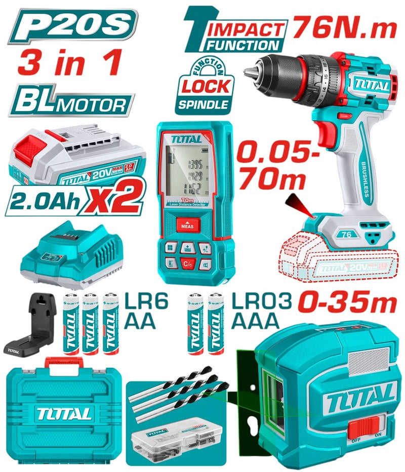 COMBO INALAMBRICO 20V NIVEL LASER 0-35M LUZ VERDE + MEDIDOR DE DISTANCIAS LASER 60MTS + TALADRO PERCUTOR 1/2" 76NM + 2 BATERIAS 2.0 AH + CARGADOR 20V Y ACCESORIOS INDUSTRIAL SUPER TOTAL (UTOSLI250511)