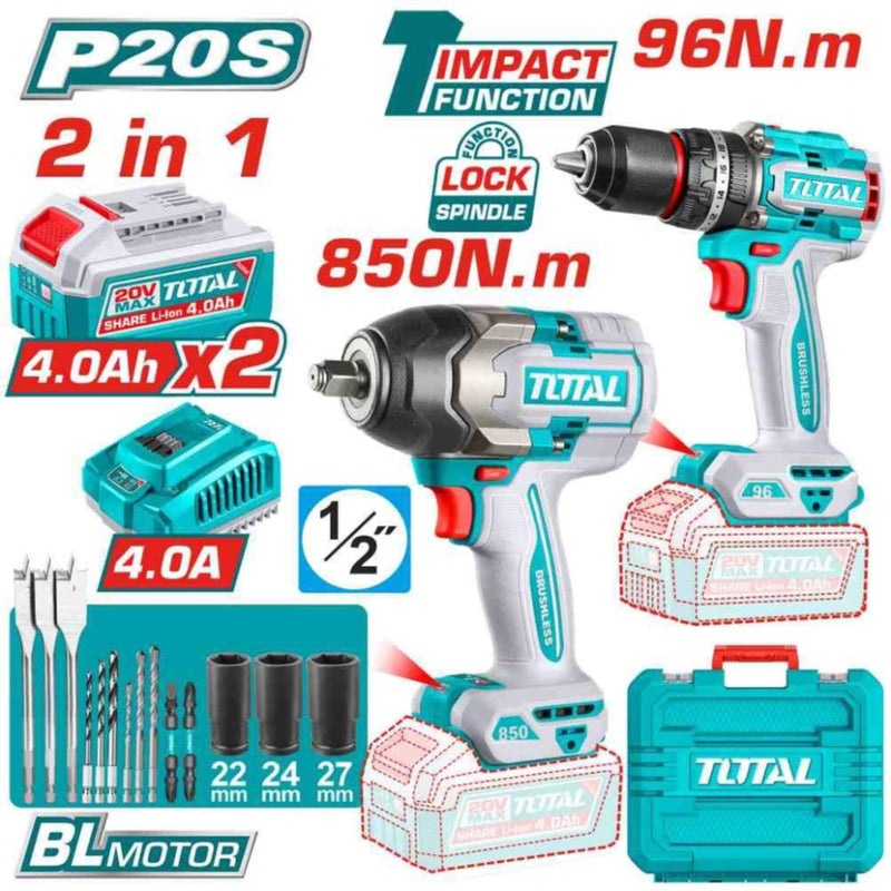 COMBO INALAMBRICO TALADRO 1/2" 96 N.M + PISTOLA DE IMPACTO 1/2" 20V 850 N.M INCLUYE 2 BATERIA 4.0AH , 1 CARGADOR Y ACCESORIOS INDUSTRIAL SUPER TOTAL (UTOSLI250586)