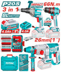 COMBO INALAMBRICO 20V TALADRO PERCUTOR 1/2 66 NM + ATORNILLADOR DRYWALL 1/4" + TALADRO ROTOMARTILLO 1" SDS PLUS 2,5 JULES + 2 BATERIAS 4.0 AH + CARGADOR 20V Y ACCESORIOS INDUSTRIAL TOTAL (UTOSLI250591)