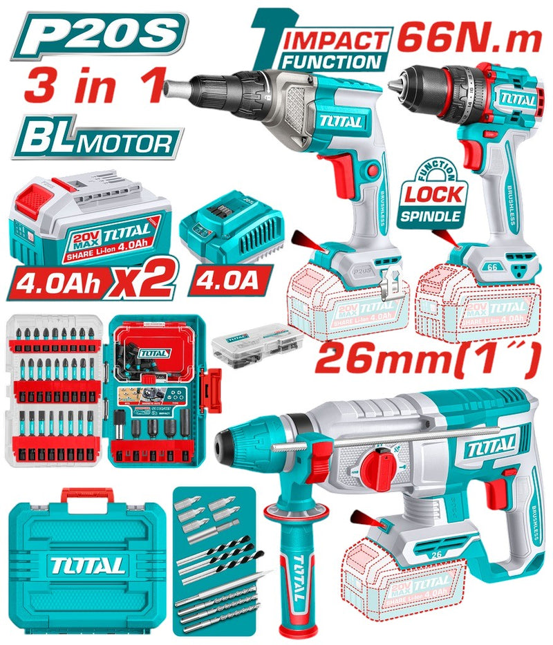 COMBO INALAMBRICO 20V TALADRO PERCUTOR 1/2 66 NM + ATORNILLADOR DRYWALL 1/4" + TALADRO ROTOMARTILLO 1" SDS PLUS 2,5 JULES + 2 BATERIAS 4.0 AH + CARGADOR 20V Y ACCESORIOS INDUSTRIAL TOTAL (UTOSLI250591)