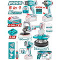 COMBO INALAMBRICO 20V POLICHADORA ORBITAL 10"+ POLICHADORA 7" + PISTOLA IMPACTO 1/2" 400 NM + LAMPARA DE TRABAJO LM2000 + PISTOLA CALOR TEMPERATURA AJUSTABLE PANTALLA LCD + 2 BATERIAS 4.0 AH + CARGADOR 20V + ACCESORIO INDUSTRIAL SUPER TOTAL (UTOSLI250592)