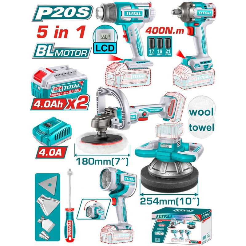 COMBO INALAMBRICO 20V POLICHADORA ORBITAL 10"+ POLICHADORA 7" + PISTOLA IMPACTO 1/2" 400 NM + LAMPARA DE TRABAJO LM2000 + PISTOLA CALOR TEMPERATURA AJUSTABLE PANTALLA LCD + 2 BATERIAS 4.0 AH + CARGADOR 20V + ACCESORIO INDUSTRIAL SUPER TOTAL (UTOSLI250592)