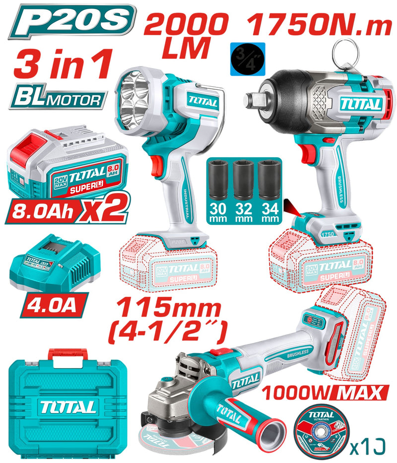 COMBO INALAMBRICO 20V PISTOLA IMPACTO INALAMBRICA 3/4 1750 NM + PULIDORA 4 1/2 1000W + LAMPARA DE TRABAJO 2000 LM + 2 BATERIAS 8.0AH + CARGADOR 4.0AH Y ACCESORIOS INDUSTRIAL SUPER TOTAL (UTOSLI250593)