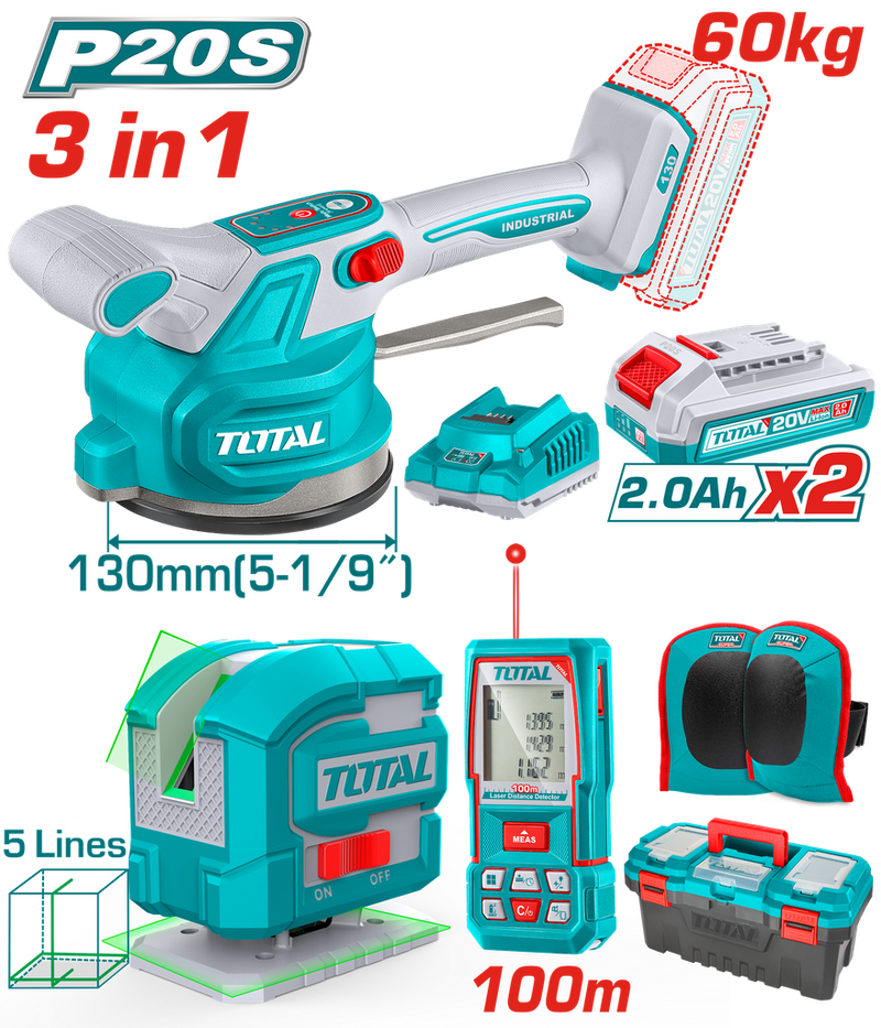 VIBRADOR DE BALDOSA INALAMBRICA 20V CON VENTOSA CAP 60KG INCLUYE 1 PAR DE RODILLERAS, METRO LASER 100M, NIVEL LASER 5 LINEAS 35M LUZ VERDE, 2 BATERISA 2.0AH , CARGADOR Y CAJA HERRAMIENTA INDUSTRIAL SUPER TOTAL (UTOSLI250606)