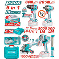 COMBO INALAMBRICO 20V TALADRO PERCUTOR 1/2 66 NM + ATORNILLADOR 285 NM + PULIDORA 4 1/2 1000W + LAMPARA DE TRABAJO 2000 LM + LAMPARA DE TRABAJO 300 LM INCLUYE 2 BATERIAS 4.0AH , CARGADOR Y ACCESORRIOS INDUSTRIAL SUPER TOTAL (UTOSLI250692)