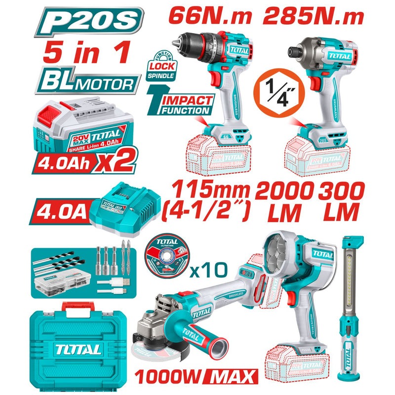 COMBO INALAMBRICO 20V TALADRO PERCUTOR 1/2 66 NM + ATORNILLADOR 285 NM + PULIDORA 4 1/2 1000W + LAMPARA DE TRABAJO 2000 LM + LAMPARA DE TRABAJO 300 LM INCLUYE 2 BATERIAS 4.0AH , CARGADOR Y ACCESORRIOS INDUSTRIAL SUPER TOTAL (UTOSLI250692)