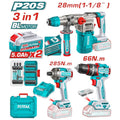 COMBO INALAMBRICO 20V TALADRO PERCUTOR 1/2" 66 NM + PISTOLA DE IMPACTO 1/4" 285 NM + TALADRO ROTOMARTILLO SDS PLUS 4.5 JULES INCLUYE 2 BATERIA 5.0AH , 1 CARGADOR Y ACCESORIOS INDUSTRIAL SUPER TOTAL (UTOSLI250693)