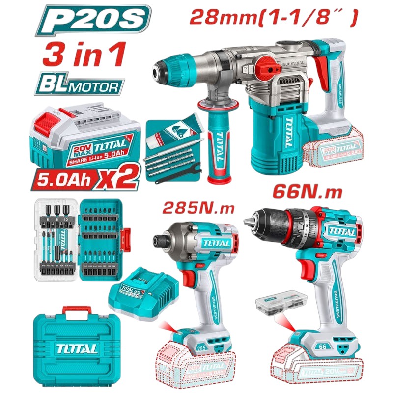 COMBO INALAMBRICO 20V TALADRO PERCUTOR 1/2" 66 NM + PISTOLA DE IMPACTO 1/4" 285 NM + TALADRO ROTOMARTILLO SDS PLUS 4.5 JULES INCLUYE 2 BATERIA 5.0AH , 1 CARGADOR Y ACCESORIOS INDUSTRIAL SUPER TOTAL (UTOSLI250693)