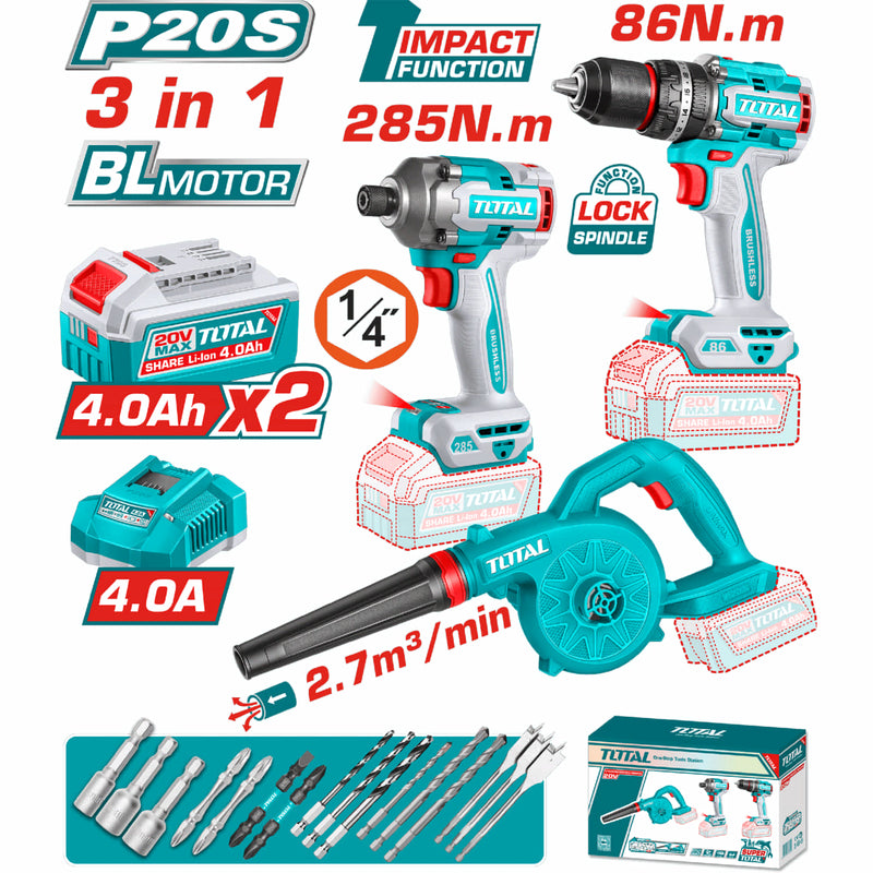 COMBO INALAMBRICO 20V TALADRO PERCUTOR ATORNILLADOR 1/2  86NM + ATORNILLADOR DE IMPACTO  1/4 285NM + SOPLADOR + 2 BATERIAS 4.0AH Y CARGADOR INCLUYE ACCESORIOS  INDUSTRIAL SUPER TOTAL(UTOSLI250883)