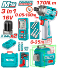 COMBO INALAMBRICO 16V  ATORNILLADOR DE IMPACTO 1/4 170NM + METRO LASER 100M + NIVEL LASER 35M LUZ VERDE +  BATERIAS 2.0AH Y CARGADOR INCLUYE ACCESORIOS INDUSTRIAL SUPER TOTAL ( UTOSLI250886)