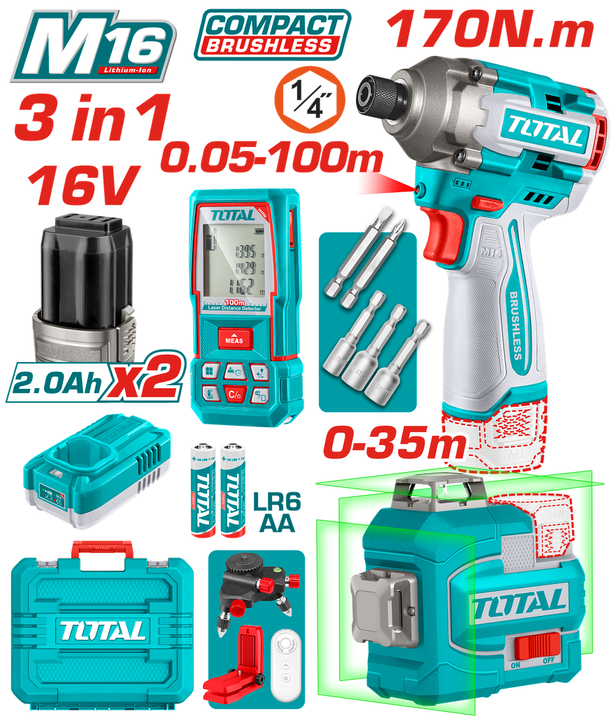 COMBO INALAMBRICO 16V  ATORNILLADOR DE IMPACTO 1/4 170NM + METRO LASER 100M + NIVEL LASER 35M LUZ VERDE +  BATERIAS 2.0AH Y CARGADOR INCLUYE ACCESORIOS INDUSTRIAL SUPER TOTAL ( UTOSLI250886)