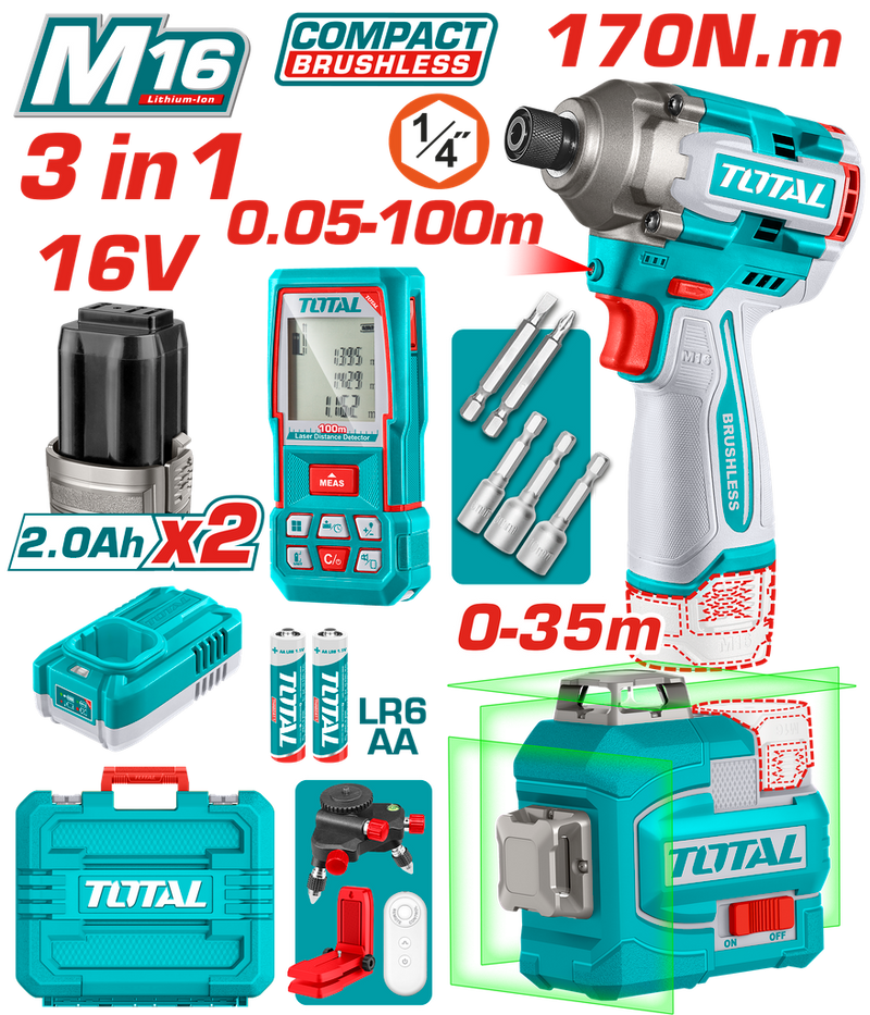 COMBO INALAMBRICO 16V  ATORNILLADOR DE IMPACTO 1/4 170NM + METRO LASER 100M + NIVEL LASER 35M LUZ VERDE +  BATERIAS 2.0AH Y CARGADOR INCLUYE ACCESORIOS INDUSTRIAL SUPER TOTAL ( UTOSLI250886)
