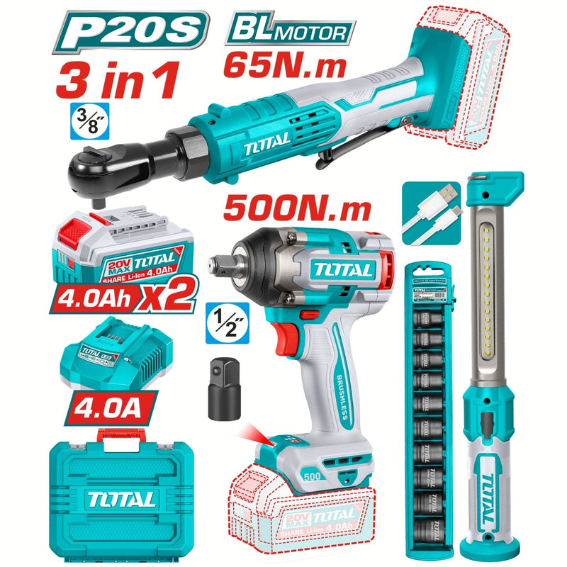COMBO INALAMBRICO 20V  PISTOLA DE IMPACTO 1/2 500 NM + RACHE 65NM + LAMPARA DE TRABAJO 300 LUMENES +  2 BATERIAS 4.0AH  Y CARGADOR INCLUYE ACCESORIOS INDUSTRIAL SUPER TOTAL (UTOSLI250981)
