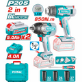 COMBO INALAMBRICO 20V PISTOLA IMPACTO 1/2 850NM + COPAS (22-24-27) +  PISTOLA CALOR INALAMBRICA  20V CON TEMPERATURA AJUSTABLE PANTALLA LCD INCLUYE 4 BOQUILLAS 1 RASCADOR + 2 BATERIAS 5.0AH Y CARGADOR INDUSTRIAL SUPER TOTAL (UTOSLI250983)