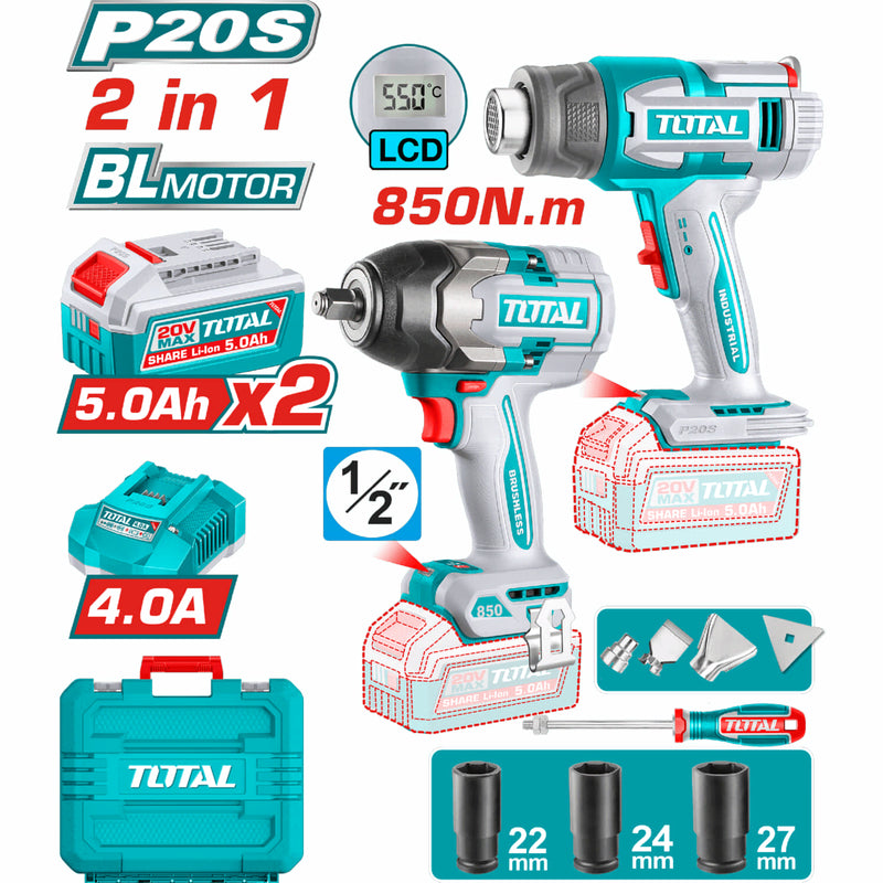 COMBO INALAMBRICO 20V PISTOLA IMPACTO 1/2 850NM + COPAS (22-24-27) +  PISTOLA CALOR INALAMBRICA  20V CON TEMPERATURA AJUSTABLE PANTALLA LCD INCLUYE 4 BOQUILLAS 1 RASCADOR + 2 BATERIAS 5.0AH Y CARGADOR INDUSTRIAL SUPER TOTAL (UTOSLI250983)