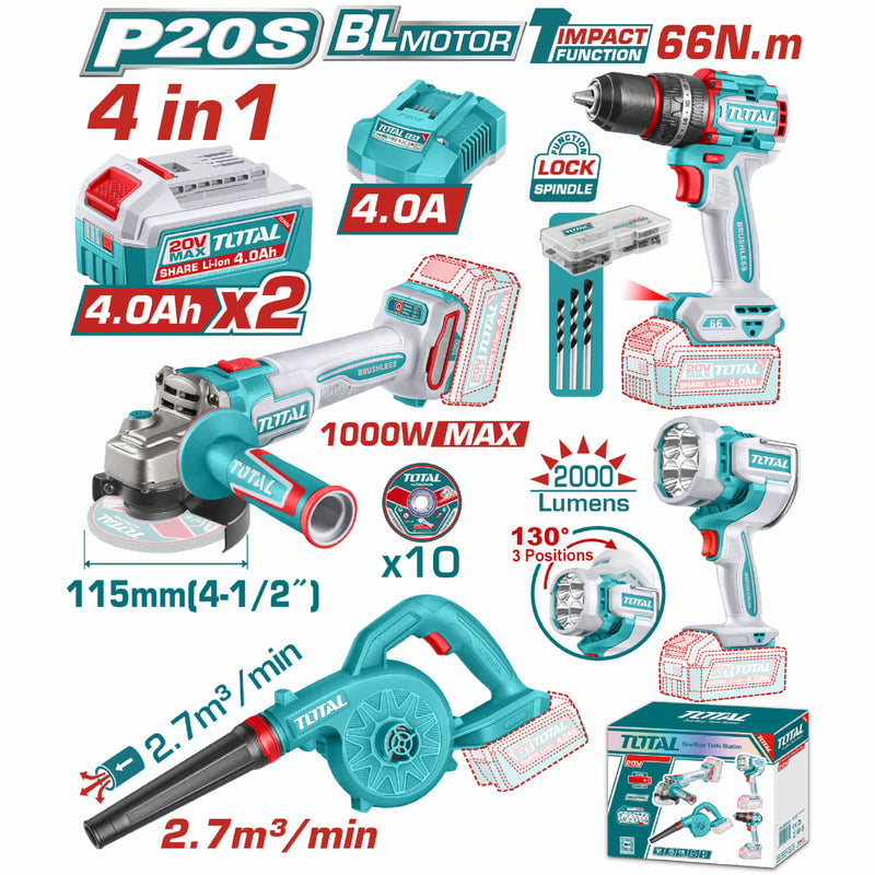 COMBO INALAMBRICO 20V TALADRO PERCUTOR ATORNILLADOR 1/2  66NM + SOPLADORA + PULIDORA  4 1/2 INDUSTRIAL 20V 1000W + LAMPARA DE TRABAJO 2000 LUMENES + 2 BATERIAS 4.0AH + CARGADOR INCLUYE ACCESORIOS INDUSTRIAL SUPER TOTAL (UTOSLI250993)