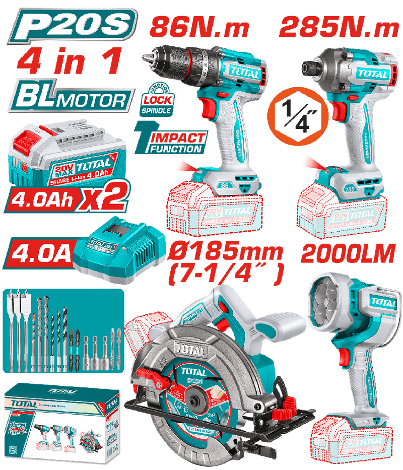 COMBO INALAMBRICO 20V TALADRO PERCUTOR 1/2" 86NM + ATORNILLADOR DE IMPACTO 1/4" 285NM + SIERRA CIRCULAR  7-1/4" + LAMPARA DE TRABAJO 2000 LUMENES + 2 BATERIAS 4.0AH + CARGADOR INCLUYE ACCESORIOS  (UTOSLI251082)