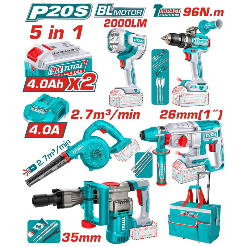 COMBO INALAMBRICO 20V TALADRO ROTOMARTILLO 1" 20V SDS PLUS 2,5 JULES +  DEMOLEDOR SDS HEX  16JULES + SOPLADORA +  TALADRO DE IMPACTO 1/2" 96NM + LAMPARA DE TRABAJO 2000 LUMENES + 2 BATERIAS 4.0AH + CARGADOR INCLUYE ACCESORIOS (UTOSLI251083)