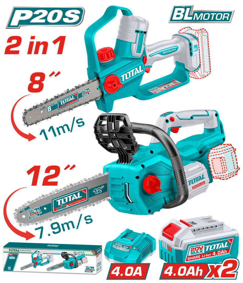 COMBO INALAMBRICO 20V SIERRA MINI 8" + MOTOSIERRA 12" + 2 BATERIAS 4.0AH + CARGADOR INDUSTRIAL SUPER TOTAL (UTOSLI251085)
