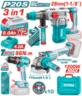COMBO INALAMBRICO 20V TALADRO PERCUTOR  1/2" 86NM + PULIDORA 4-1/2" 1200W + TALADRO ROTOMARTILLO SDS PLUS 1-1/8"  4.5 JULES + 2 BATERIAS 5.0AH + CARGADOR 4.0AH INCLUYE ACCESORIOS INDUSTRIAL SUPER TOTAL (UTOSLI251195)