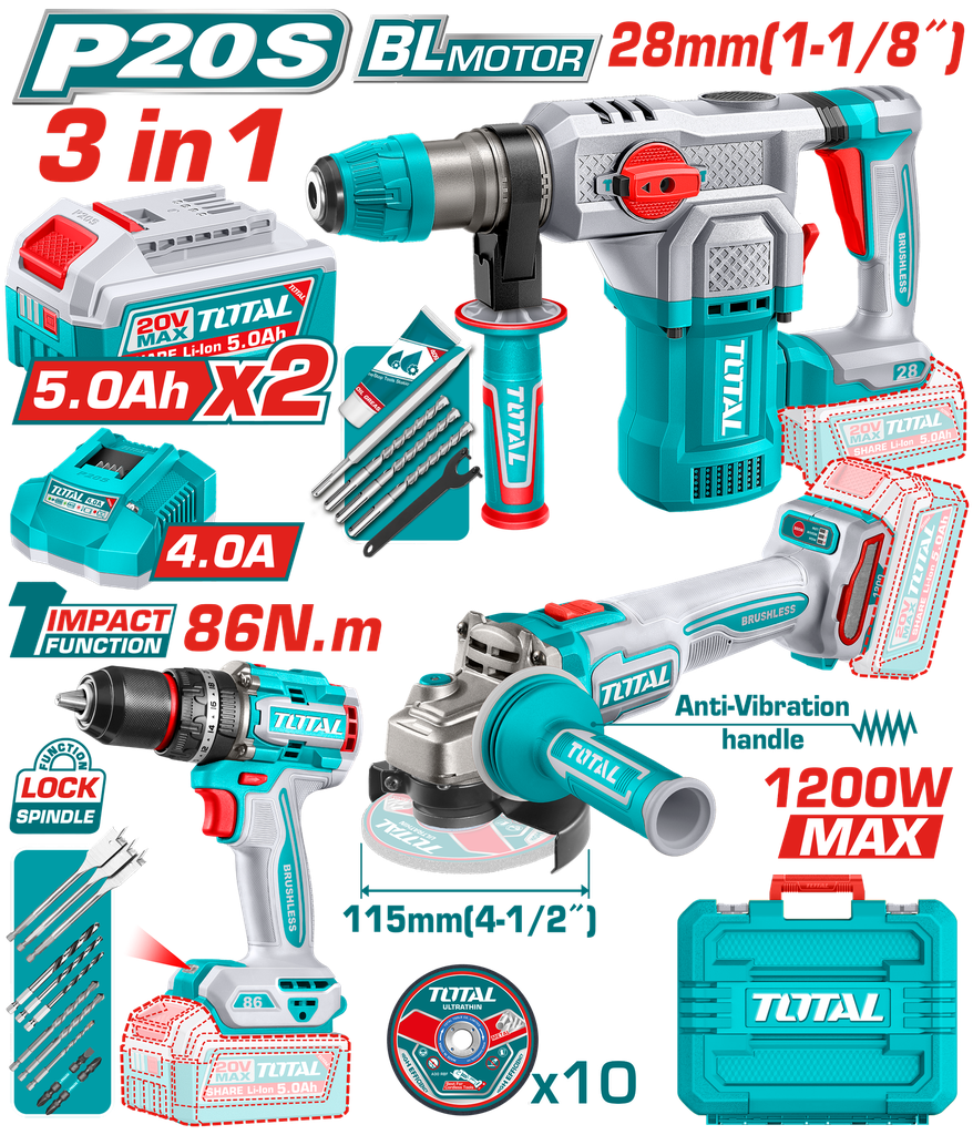 COMBO INALAMBRICO 20V TALADRO PERCUTOR  1/2" 86NM + PULIDORA 4-1/2" 1200W + TALADRO ROTOMARTILLO SDS PLUS 1-1/8"  4.5 JULES + 2 BATERIAS 5.0AH + CARGADOR 4.0AH INCLUYE ACCESORIOS INDUSTRIAL SUPER TOTAL (UTOSLI251195)