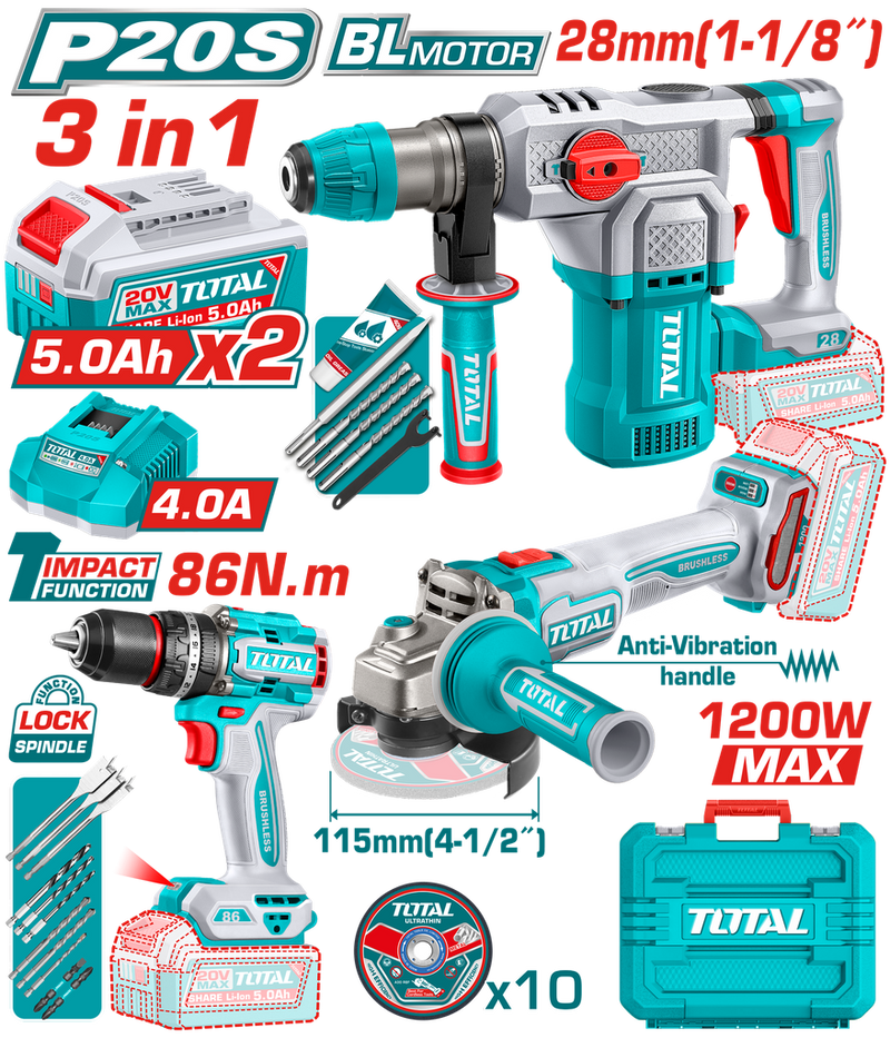 COMBO INALAMBRICO 20V TALADRO PERCUTOR  1/2" 86NM + PULIDORA 4-1/2" 1200W + TALADRO ROTOMARTILLO SDS PLUS 1-1/8"  4.5 JULES + 2 BATERIAS 5.0AH + CARGADOR 4.0AH INCLUYE ACCESORIOS INDUSTRIAL SUPER TOTAL (UTOSLI251195)