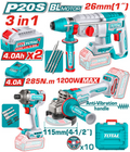 COMBO INALAMBRICO 20V ATORNILLADOR DE IMPACTO 1/4" 285NM  + PULIDORA 4-1/2" 1200W + TALADRO ROTOMARTILLO SDS PLUS 1"  2.5 JULES + 2 BATERIAS 4.0AH + CARGADOR 4.0AH INCLUYE ACCESORIOS INDUSTRIAL SUPER TOTAL  (UTOSLI260191)