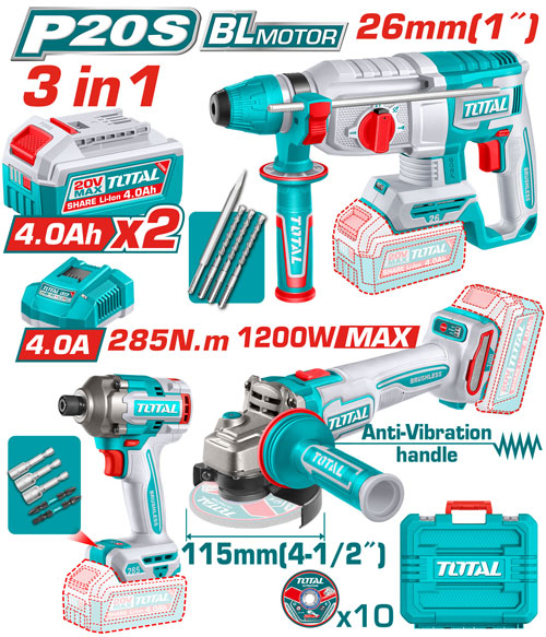 COMBO INALAMBRICO 20V ATORNILLADOR DE IMPACTO 1/4" 285NM  + PULIDORA 4-1/2" 1200W + TALADRO ROTOMARTILLO SDS PLUS 1"  2.5 JULES + 2 BATERIAS 4.0AH + CARGADOR 4.0AH INCLUYE ACCESORIOS INDUSTRIAL SUPER TOTAL  (UTOSLI260191)