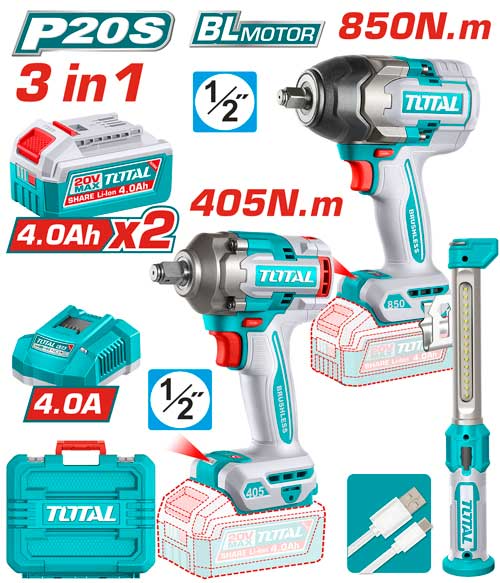COMBO INALAMBRICO 20V PISTOLA IMPACTO INALAMBRICO 1/2 850NM + PISTOLA IMPACTO INALAMBRICA 1/2 405 NM + LAMPARA DE TRABAJO 300 LUMENES RECARGABLE +2 BATERIA 4.0 AH   Y CARGADOR INDUSTRIAL SUPER TOTAL (UTOSLI260285)