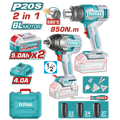 COMBO INALAMBRICO 20V PISTOLA IMPACTO INALAMBRICA 1/2" 850NM + PISTOLA CALOR TEMPERATURA AJUSTABLE 30-580°C + 2 BATERIAS 5.0AH + CARGADOR 4.0AH + ACCESORIOS INDUSTRIAL TOTAL (UTOSLI260381)