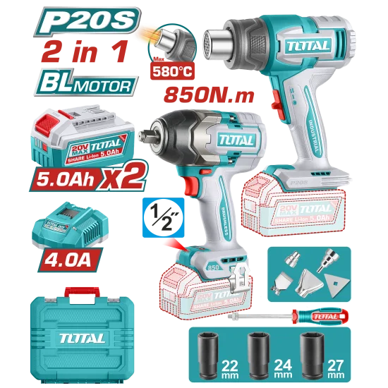 COMBO INALAMBRICO 20V PISTOLA IMPACTO INALAMBRICA 1/2" 850NM + PISTOLA CALOR TEMPERATURA AJUSTABLE 30-580°C + 2 BATERIAS 5.0AH + CARGADOR 4.0AH + ACCESORIOS INDUSTRIAL TOTAL (UTOSLI260381)