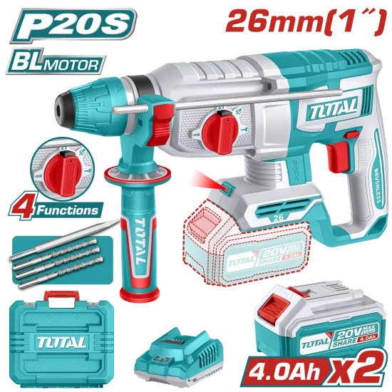 ROTOMARTILLO 1" 20V SDS PLUS 2,5 JULES INCLUYE 3 BROCAS , 1 CINCEL, CARGADOR Y BATERIA INDUSTRIAL TOTAL