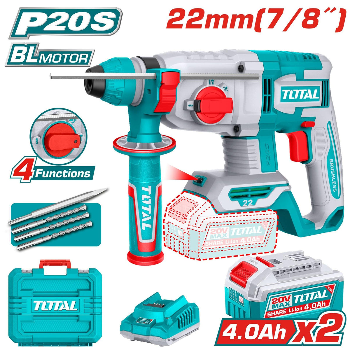 TALADRO ROTOMARTILLO 7/8" 20V SDS PLUS 2.0 JULES INCLUYE 2 BATERIA 4.0AH,1 CARGADOR Y 4 ACCESORIOS INDUSTRIAL SUPER TOTAL