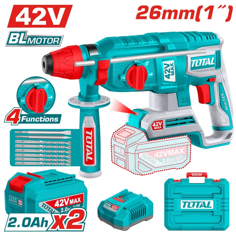 TALADRO ROTOMARTILLO SDS PLUS 42V 2.5 JULES INCLYE 2 BATERIAS 2.0 AH, 1 CARGADOR Y ACCESORIOS INDUSTRIAL SUPER TOTAL (UTRHLI422682)