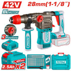 TALADRO ROTOMARTILLO 1-1/8" SDS PLUS 42V 4.5 JULES INCLUYE 2 BATERIAS 2.5 AH, 1 CARGADOR Y ACCESORIOS INDUSTRIAL SUPER TOTAL