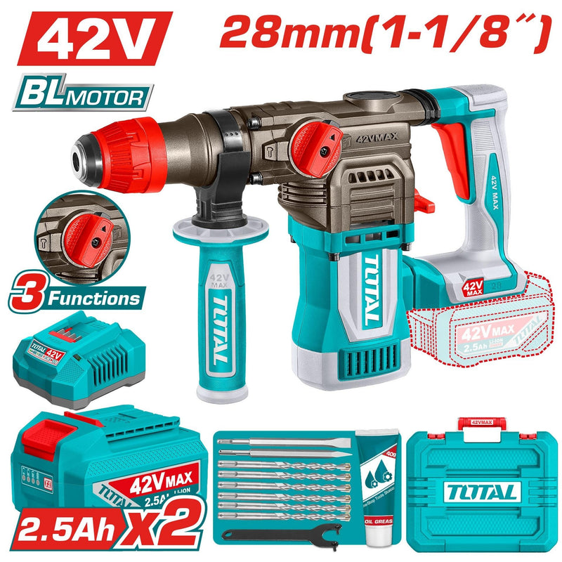 TALADRO ROTOMARTILLO 1-1/8" SDS PLUS 42V 4.5 JULES INCLUYE 2 BATERIAS 2.5 AH, 1 CARGADOR Y ACCESORIOS INDUSTRIAL SUPER TOTAL