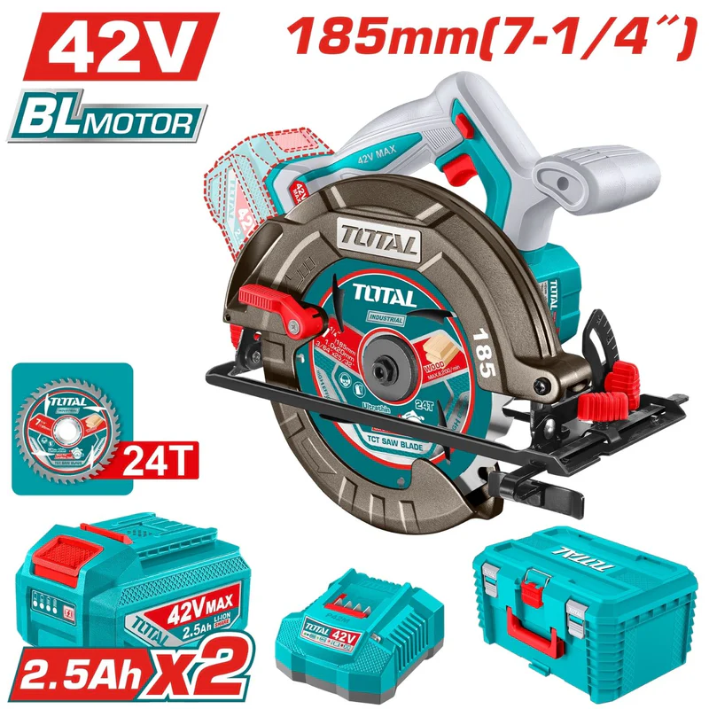 SIERRA CIRCULAR INALAMBRICA 42V 7-1/4" INCLUYE 2 BATERIA 2.5AH, CARGADOR + DISCO DE CORTE 24T  CAJA PLASTICA INDUSTRIAL SUPER TOTAL (UTSLI4218512)