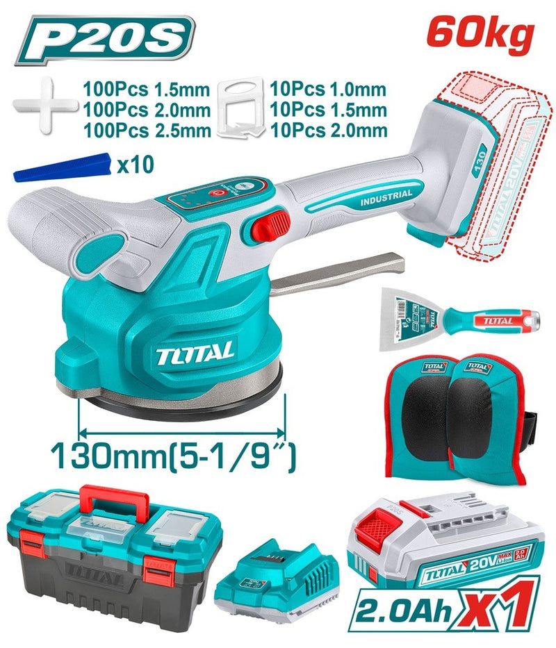 VIBRADOR DE BALDOSA INALAMBRICA 20V CON VENTOSA CAP 60KG INCLUYE 1 PAR DE RODILLERAS, ESPATULA, SEPARADORES DE BALDOSA (1.5- 2.0-2.5), 1 BATERIA 2.0AH , CARGADOR Y CAJA HERRAMIENTA INDUSTRIAL TOTAL (UTTVLI20018)